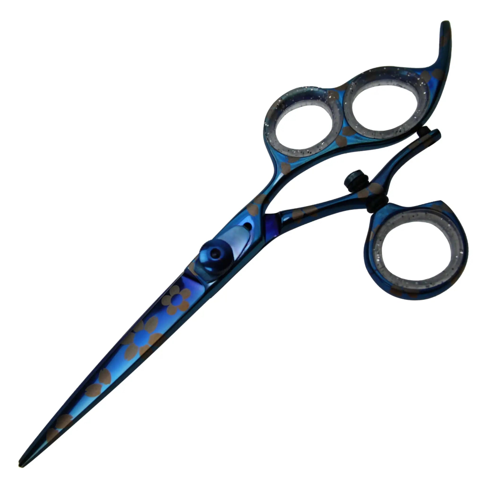 Friseurschere Tomishi blau, mit 3 Augen, 1 Auge vollbeweglich, Ringe transparent