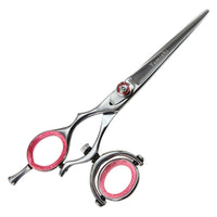 Friseurschere für Linkshänder von Tomishi, poliert, 1 Auge beweglich, Ringe rot