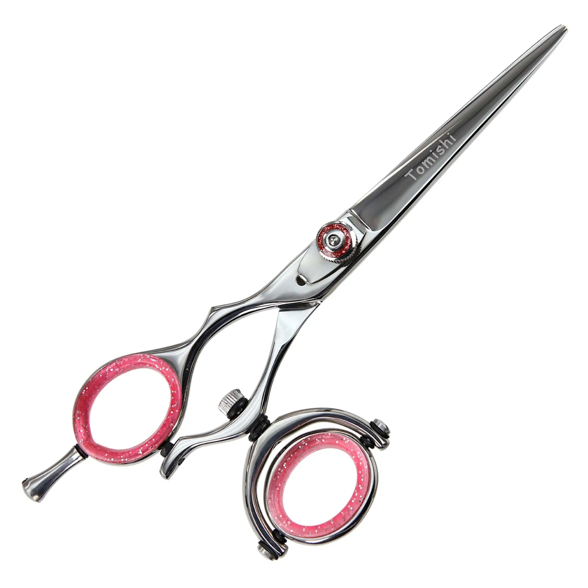 Friseurschere für Linkshänder von Tomishi, poliert, 1 Auge beweglich, Ringe rot