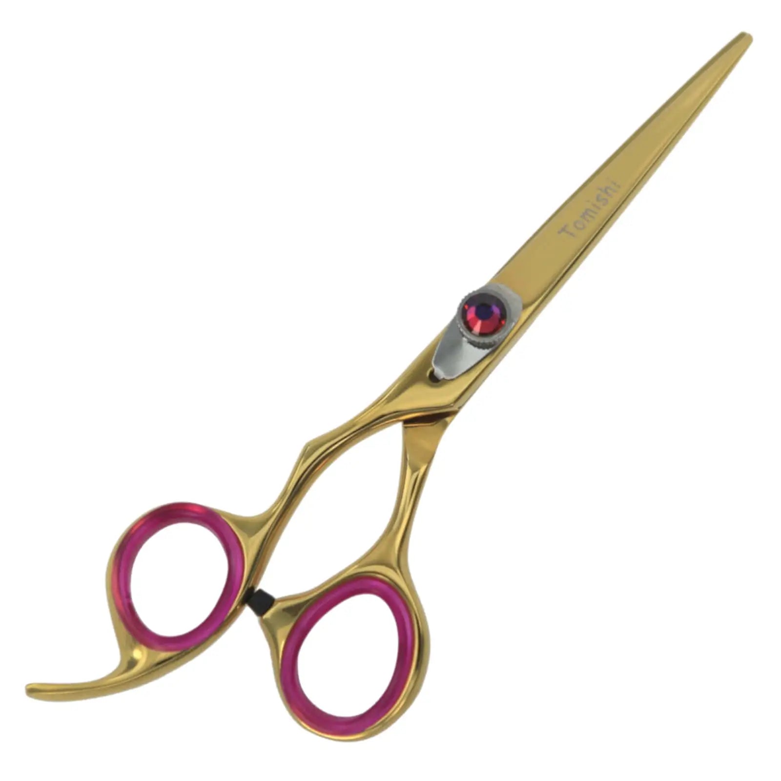 Friseurschere Tomishi für Linkshänder gelb poliert, Ringe pink