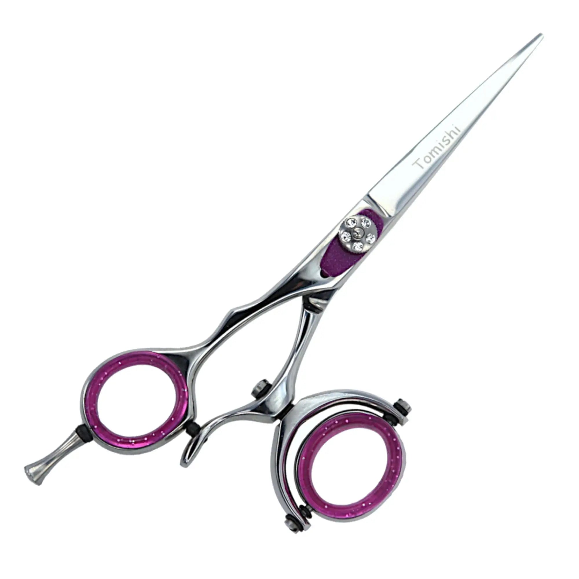 Friseurschere Tomishi für Linkshänder poliert, Ringe pink