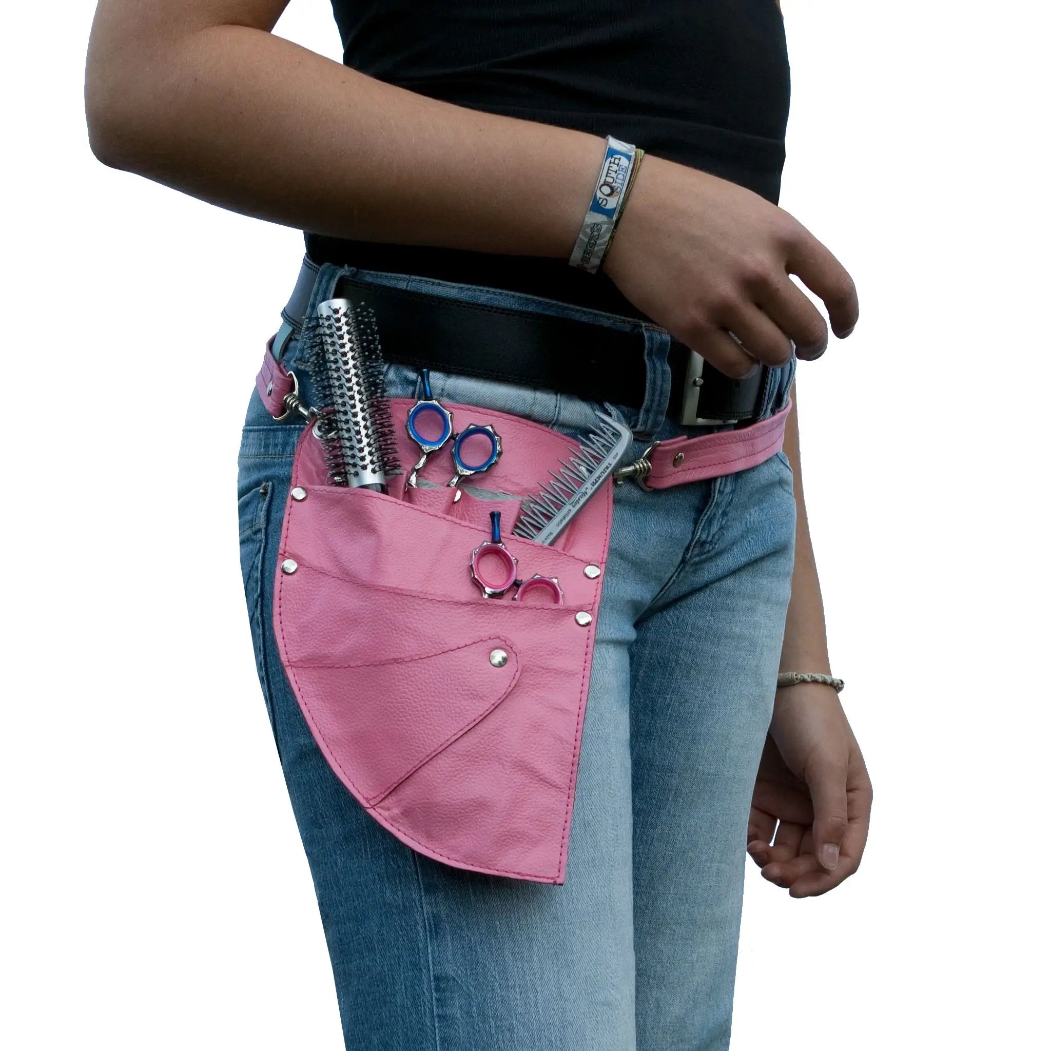 Friseurtasche mit Riegel, aus Leder, rosa, mit Nieten verstärkt
