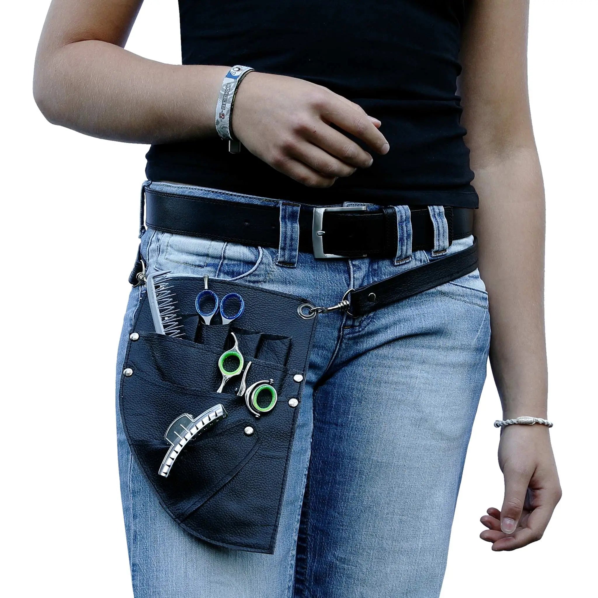 Friseurtasche mit Riegel, Leder schwarz