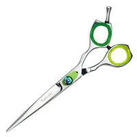 Friseurschere Tomishi Kumo, poliert, Ringe neon-grün