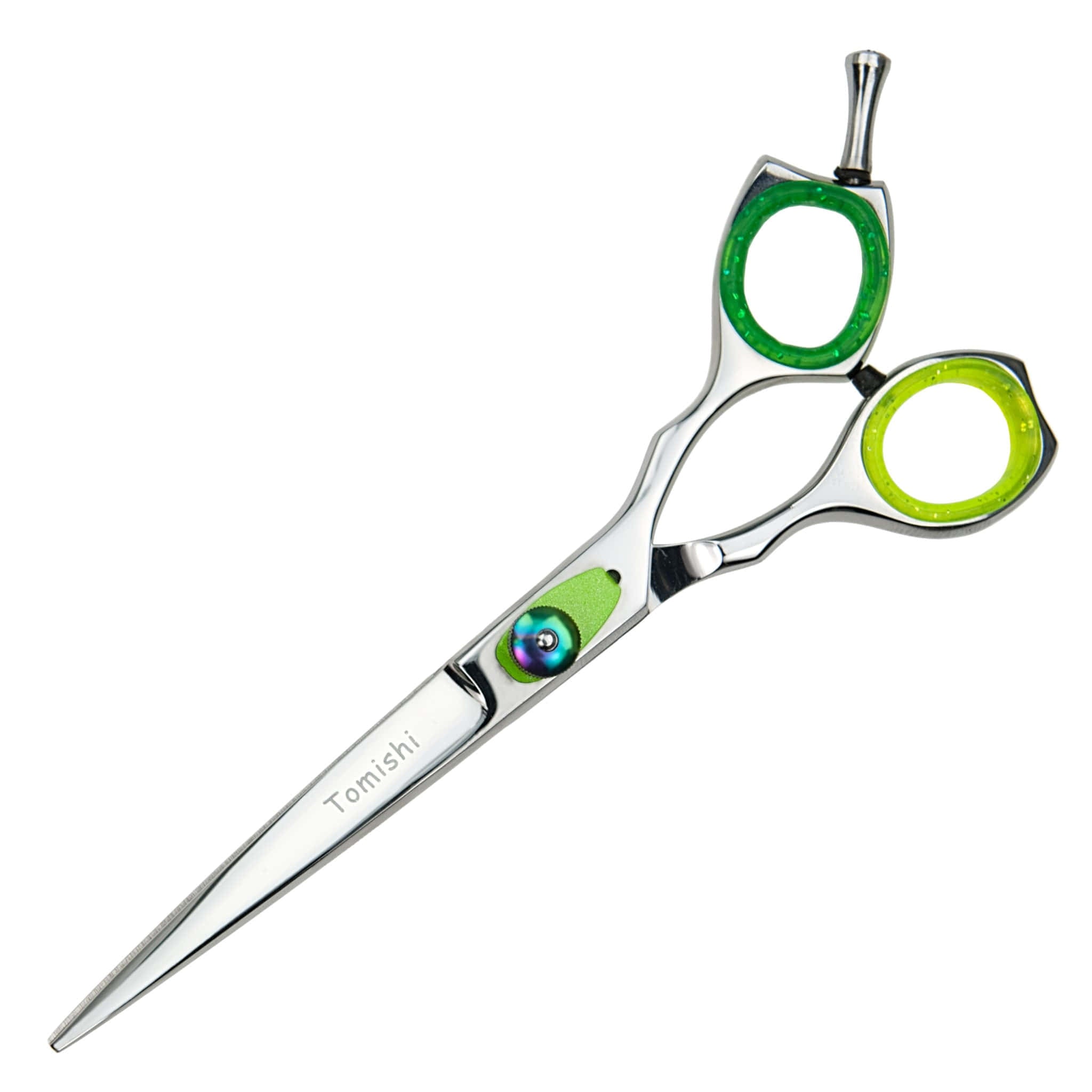 Friseurschere Tomishi Kumo, poliert, Ringe neon-grün