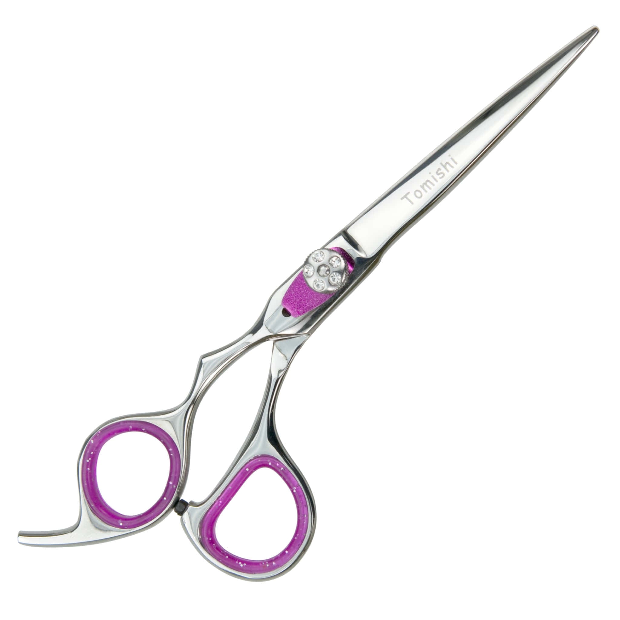 Friseurschere Linkshänder Tomishi, poliert, Ringe magenta